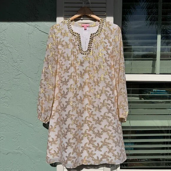 Lilly Pulitzer Colby Silk Tunic Dress White Gold Starfish